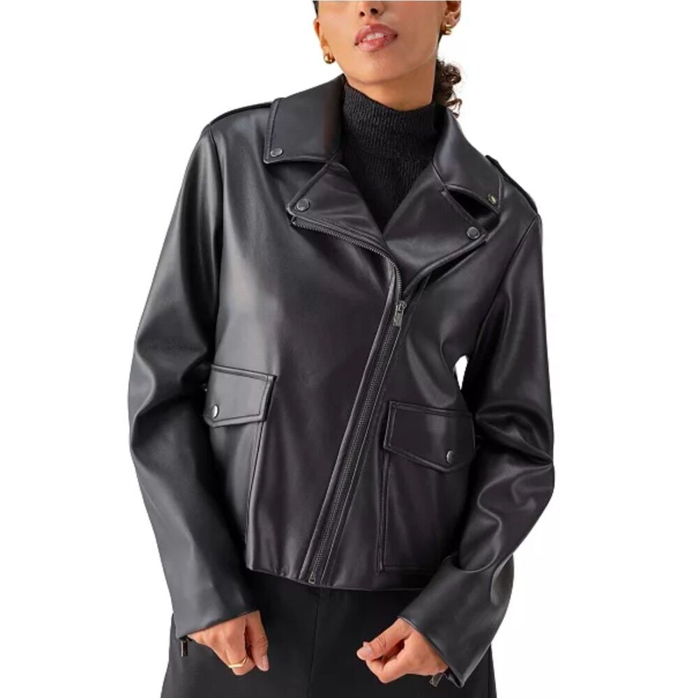 Sanctuary Black Ryder Faux Leather Moto Jacket Size L NWT